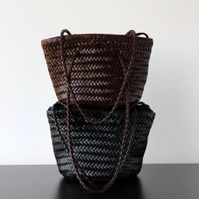 Daily Commute Stylish Companion Hand-Woven Cowhide Leather Bucket Bag | Women's Braided Drawstring Basket Purse