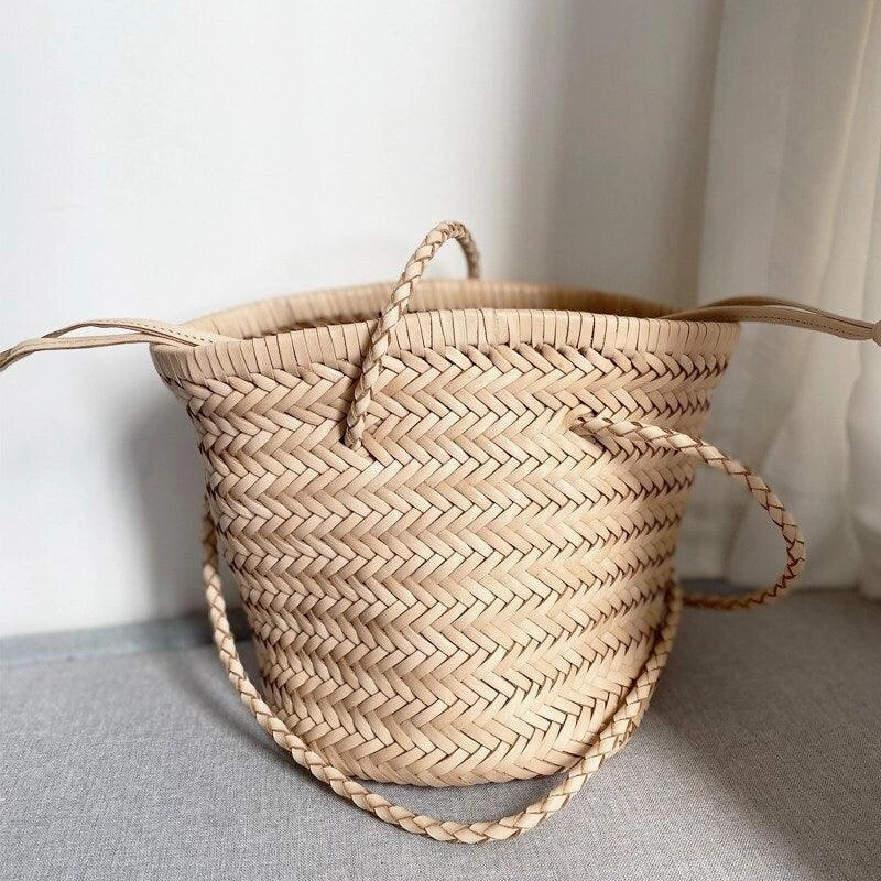 Hand-Woven Cowhide Leather Bucket Bag | Women's Braided Drawstring Basket Purse Functional Form