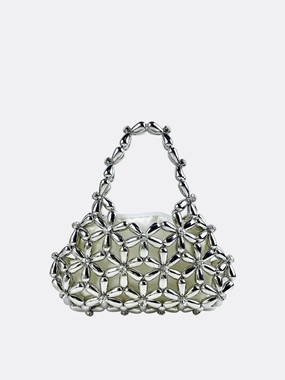 Recycled Leather Style Companion Floral Metal Frame Evening Bag ?C Sculptural Silver Mini Handbag