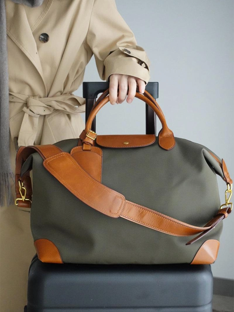 Minimal Carry Soft Texture Handcrafted Large Waterproof Nylon and Cowhide Tote Bag, Women Shoulder Bag, Men Traveling Bag, Laptop Bag, Weekend Bag, Work Commutes Bag