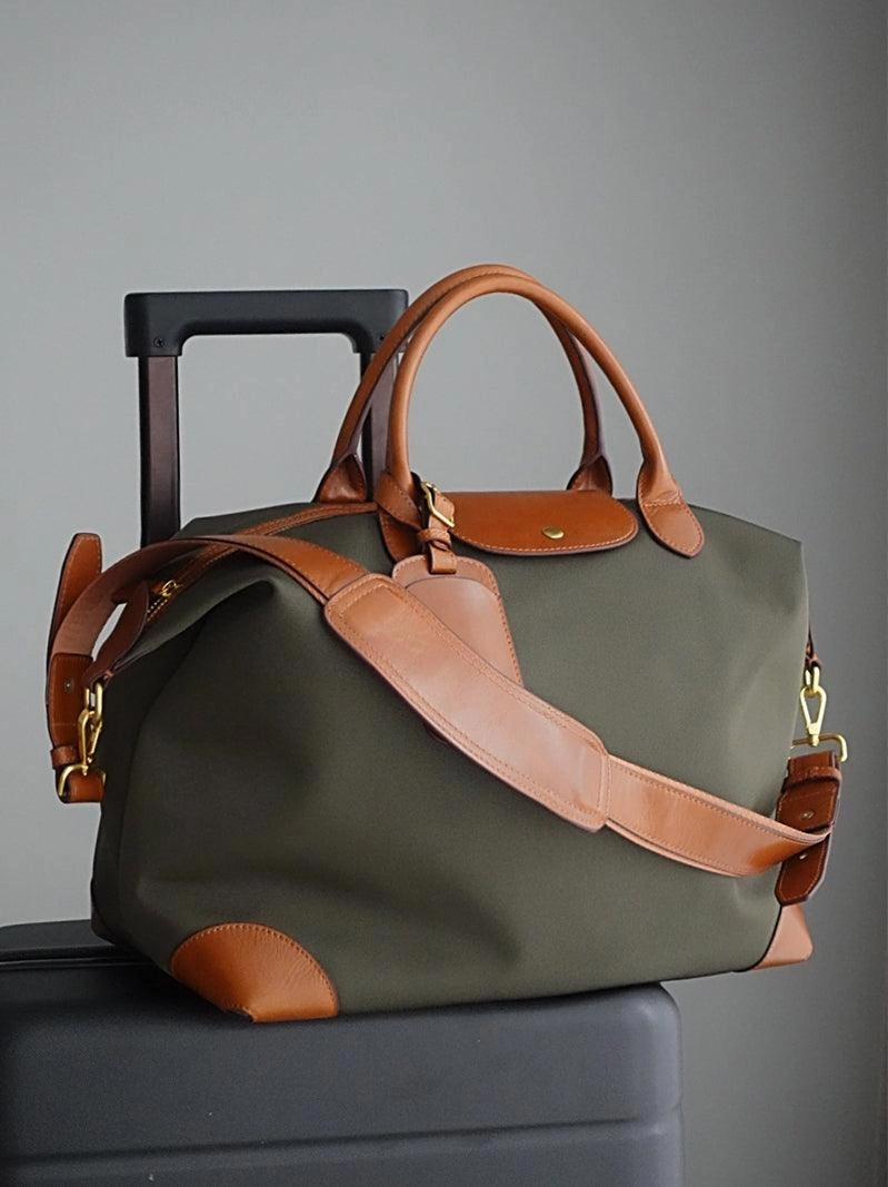 Contemporary Look Elegant Durability Handcrafted Large Waterproof Nylon and Cowhide Tote Bag, Women Shoulder Bag, Men Traveling Bag, Laptop Bag, Weekend Bag, Work Commutes Bag