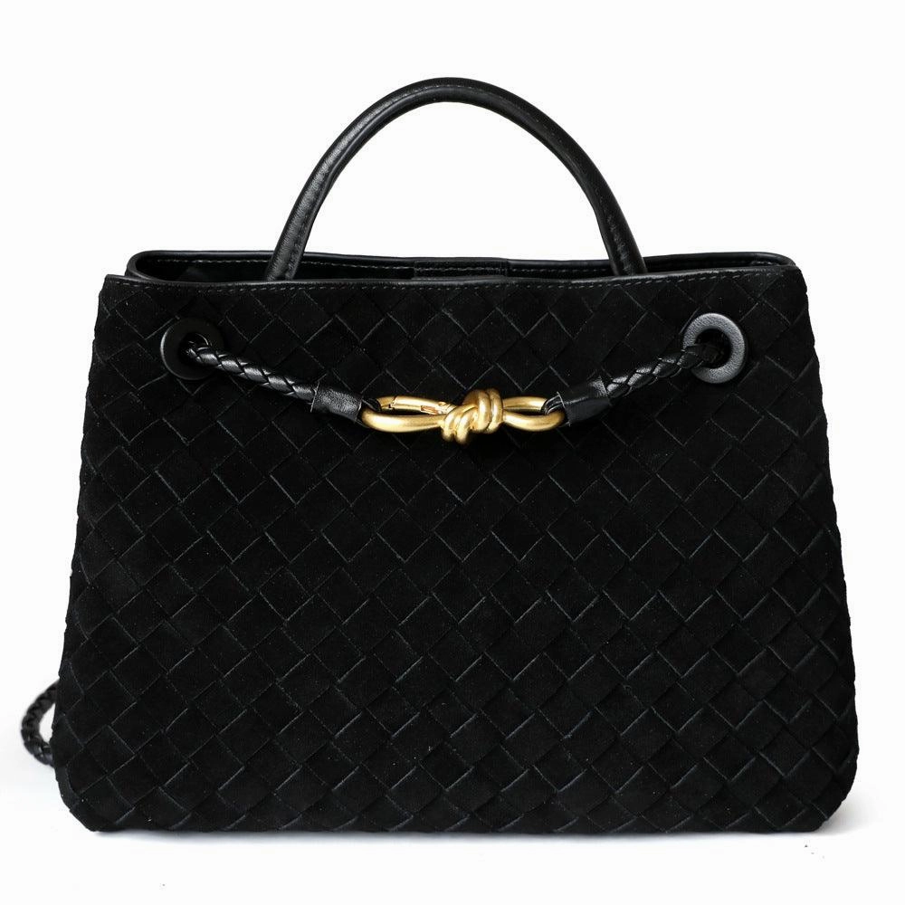 Functional Organizer Lambskin Suede Leather Knotted Intrecciato Shoulder Bag | Woven Handbag With Metal Buckle, Daily Fashion Designer Bag, Woven Shoulder Purse