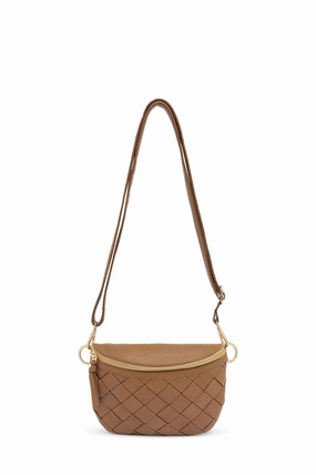 Modern Travel Compact Performance Ramona Small Woven Leather Crossbody Bag Tan with Pocket