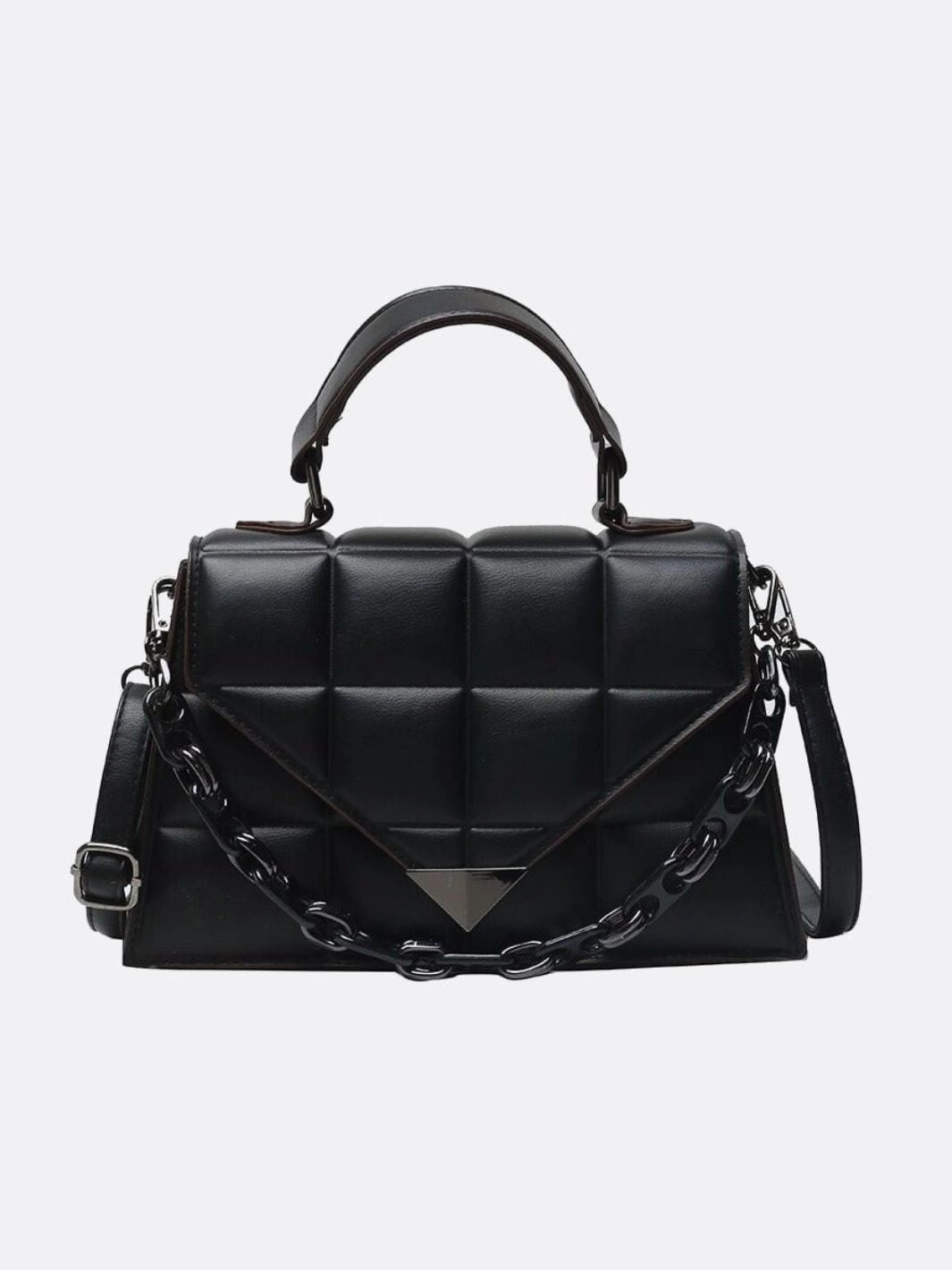 Sleek and elegant design fits perfectly with any attire Soft exterior material provides a comfortable carrying experience Aurora Quilted Statement Bag ?C Structured Handbag with Chain Detail & Top Handle