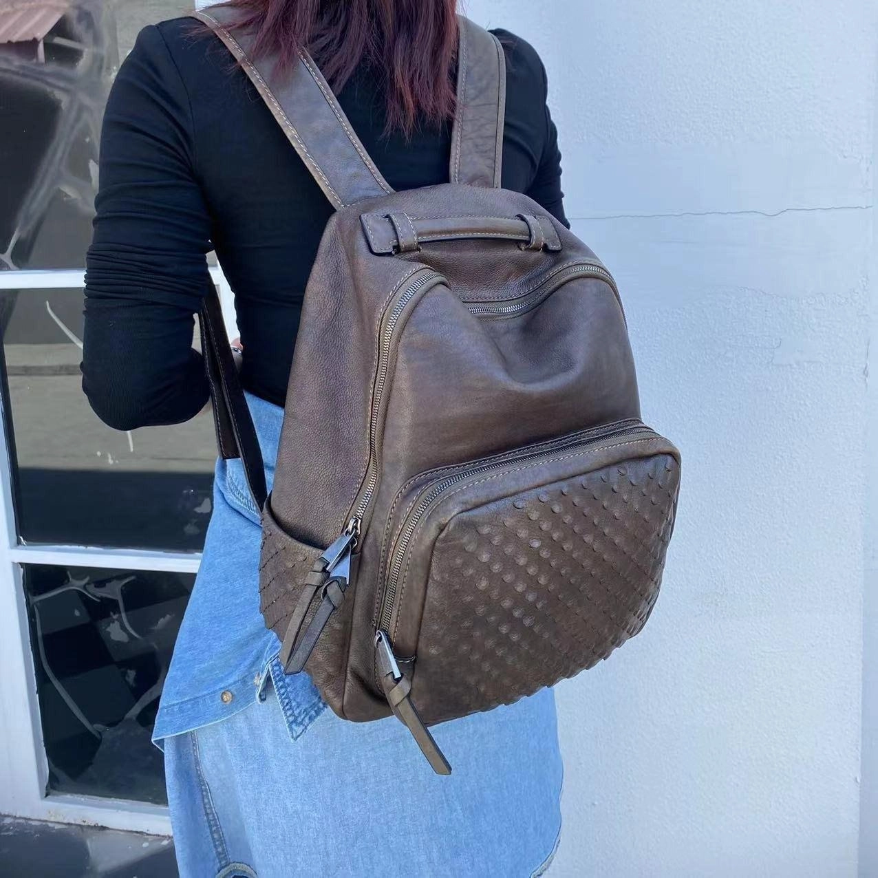 Lightweight Organizer Handcrafted Full-grain Leather Backpack, Heavy-duty Stud Hiking, Women & Men Purse, Unisex, Vintage Laptop Backpack, 15-inches Laptop Bag