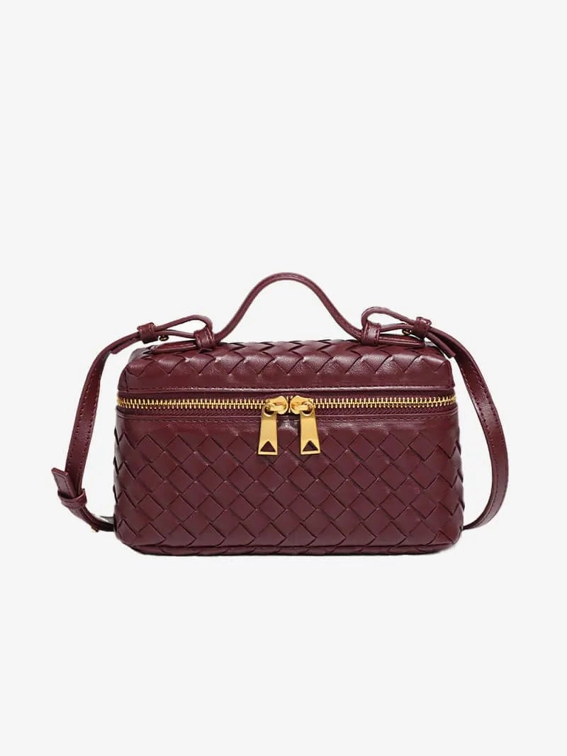 Luxe Woven Box Bag | Elegant Dark Brown Crossbody with Gold Zipper Picnic Bag Urban Travel