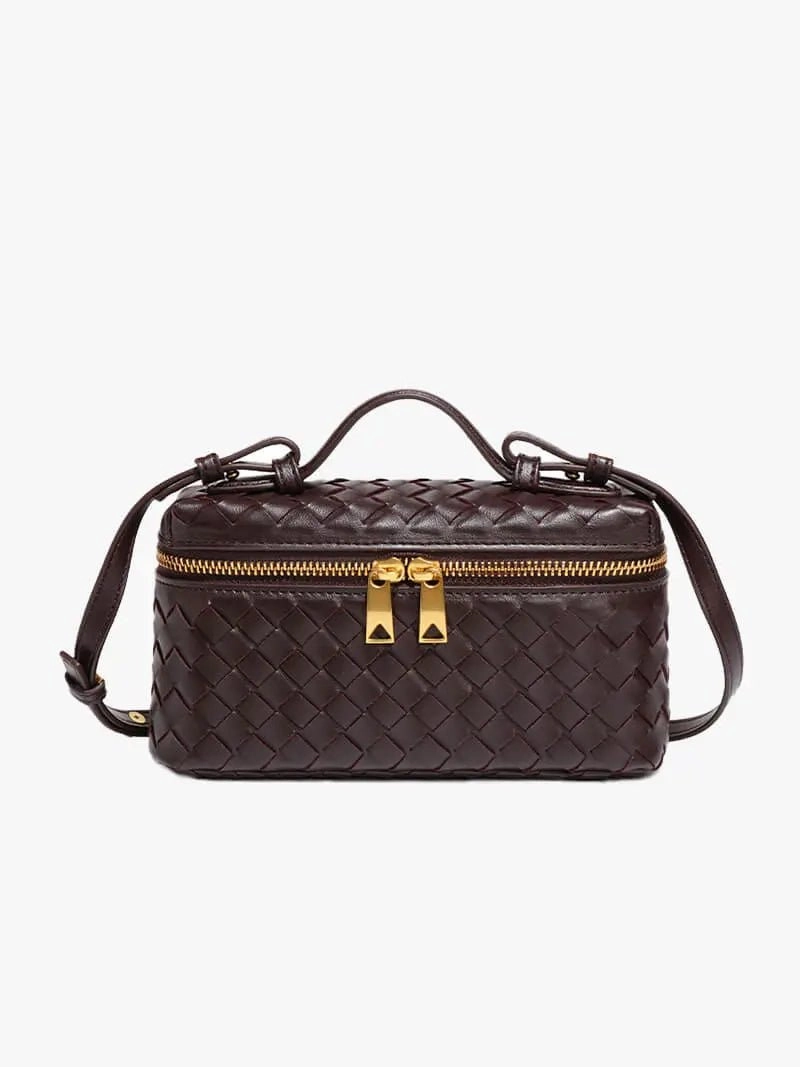 Travel Fashion Workday Essentials Luxe Woven Box Bag | Elegant Dark Brown Crossbody with Gold Zipper