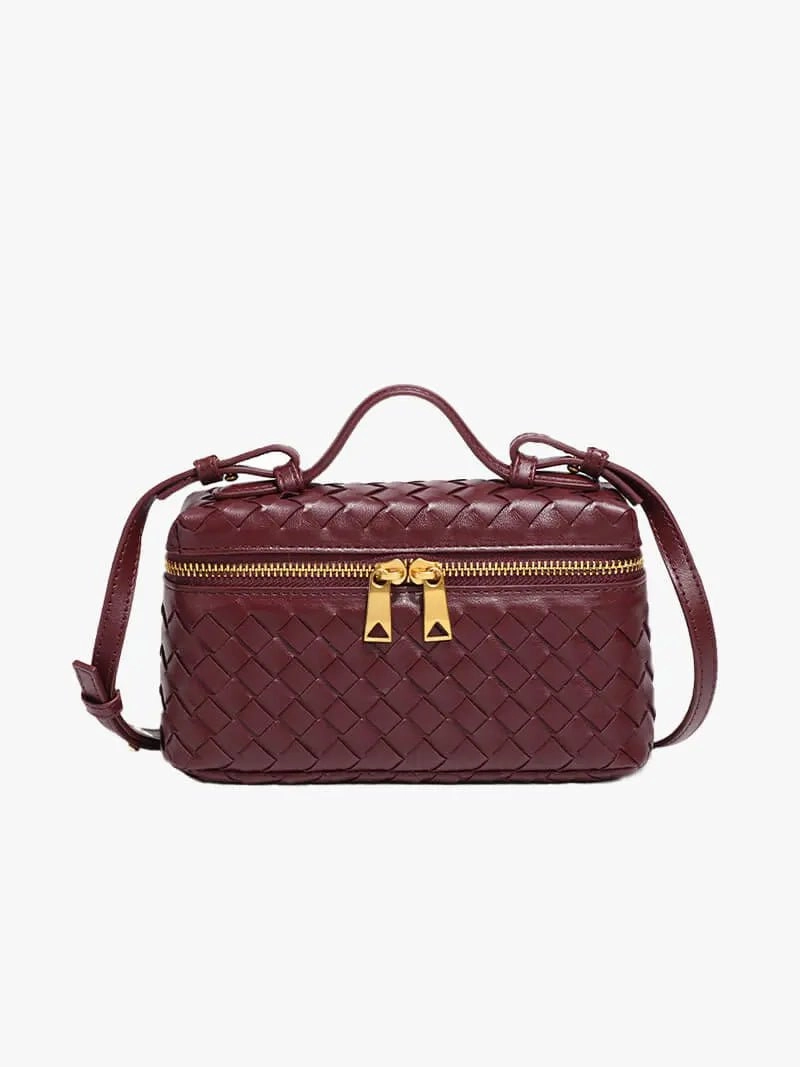 Casual Companion Luxe Woven Box Bag | Elegant Dark Brown Crossbody with Gold Zipper