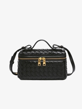 Casual Choice Luxe Woven Box Bag | Elegant Dark Brown Crossbody with Gold Zipper