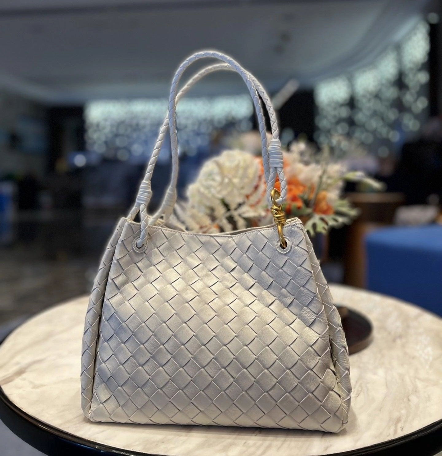 Noir Woven Lambskin Leather Shoulder Bag with Braided Handle and Gold Accents Business Travel Modern Organizer