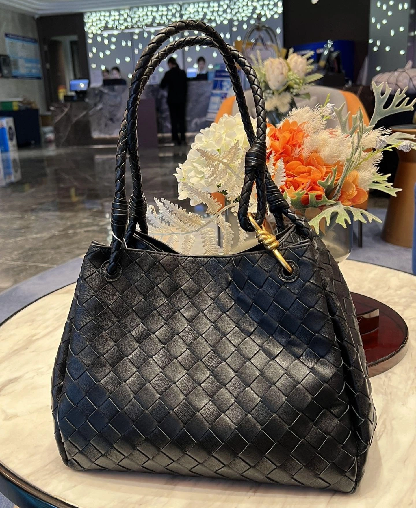 Noir Woven Lambskin Leather Shoulder Bag with Braided Handle and Gold Accents Practical Journey Stylish Function