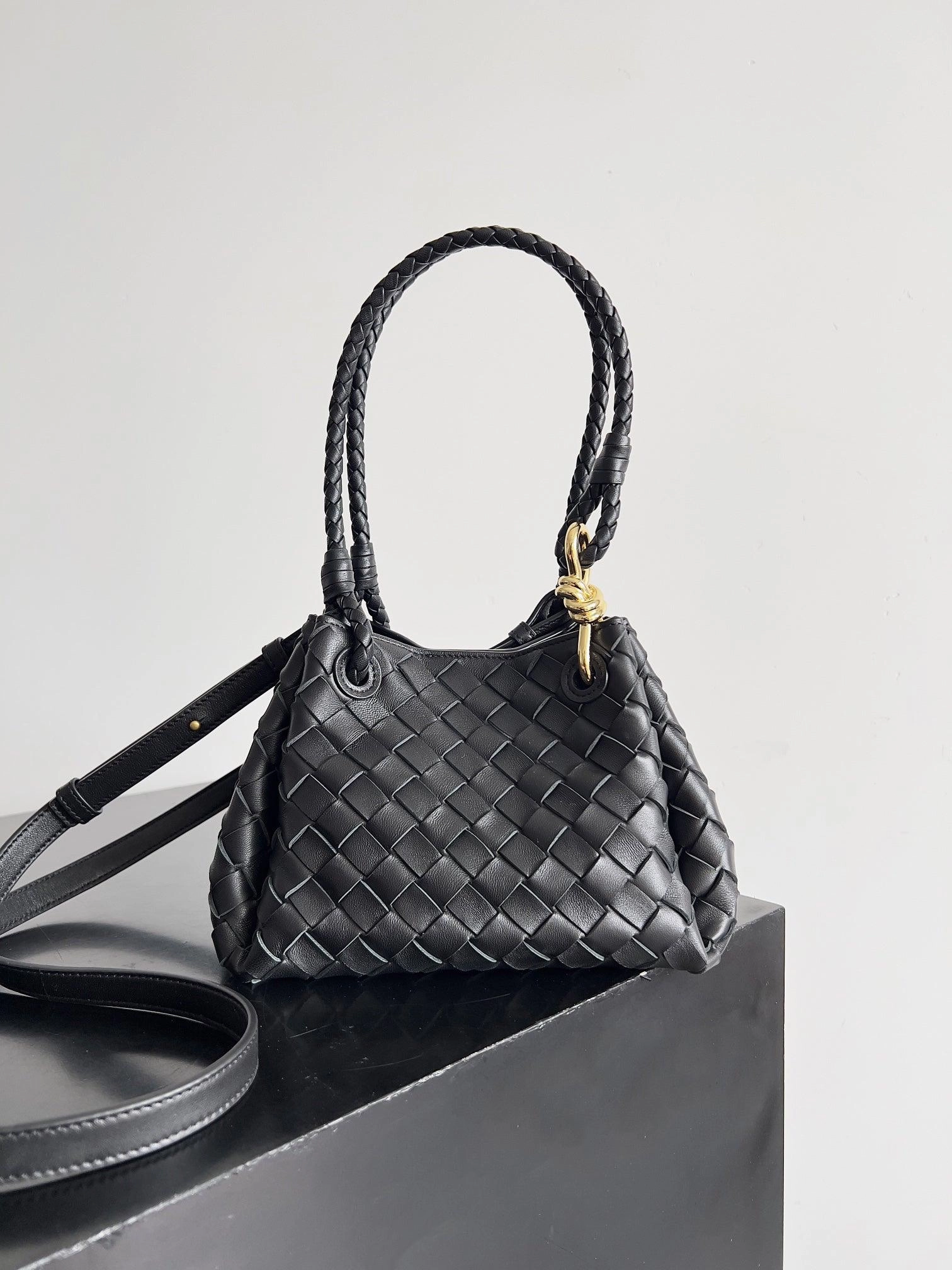 Noir Woven Lambskin Leather Shoulder Bag with Braided Handle and Gold Accents City Adventure