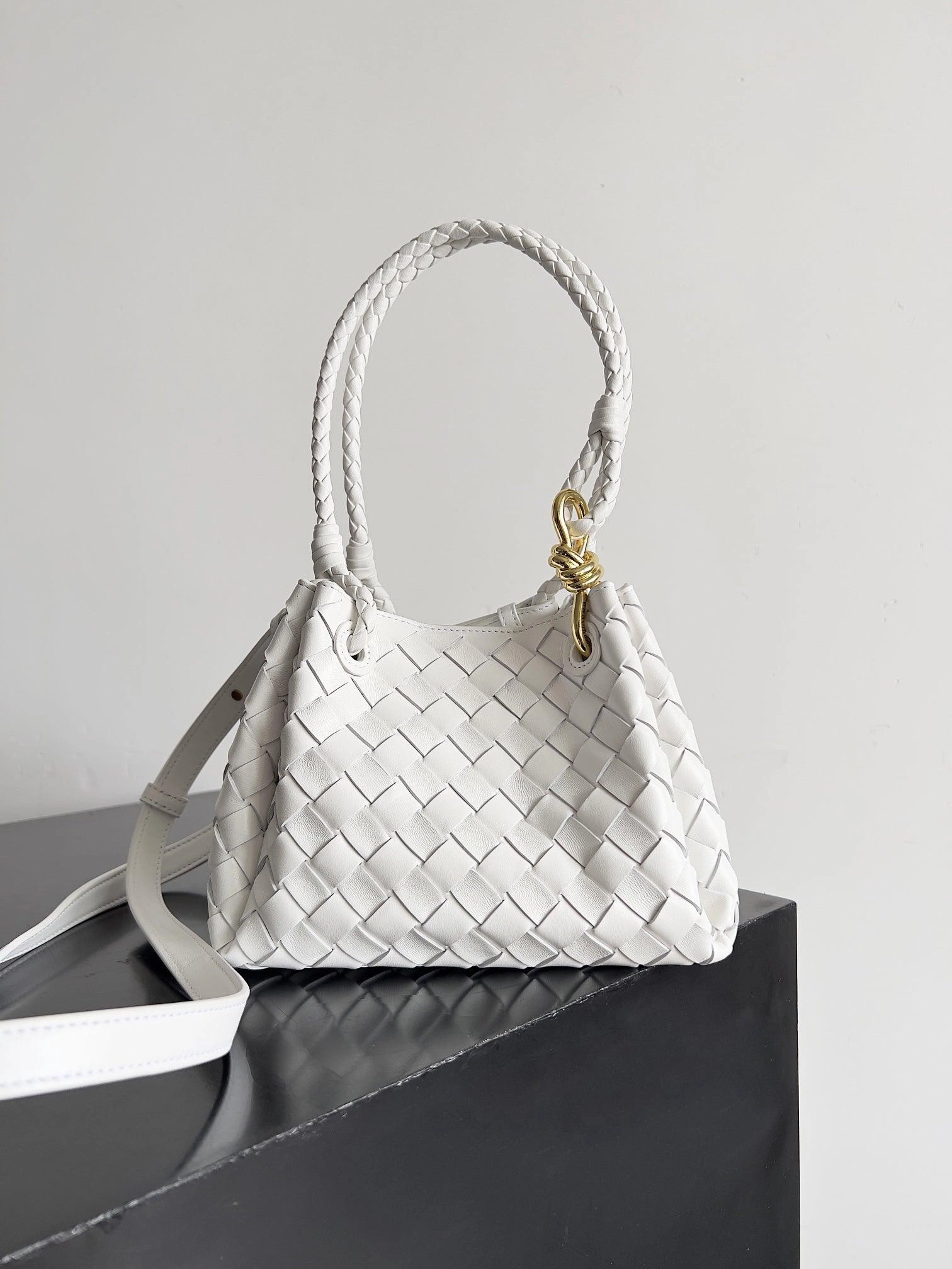 Timeless Function Durable Travel Noir Woven Lambskin Leather Shoulder Bag with Braided Handle and Gold Accents