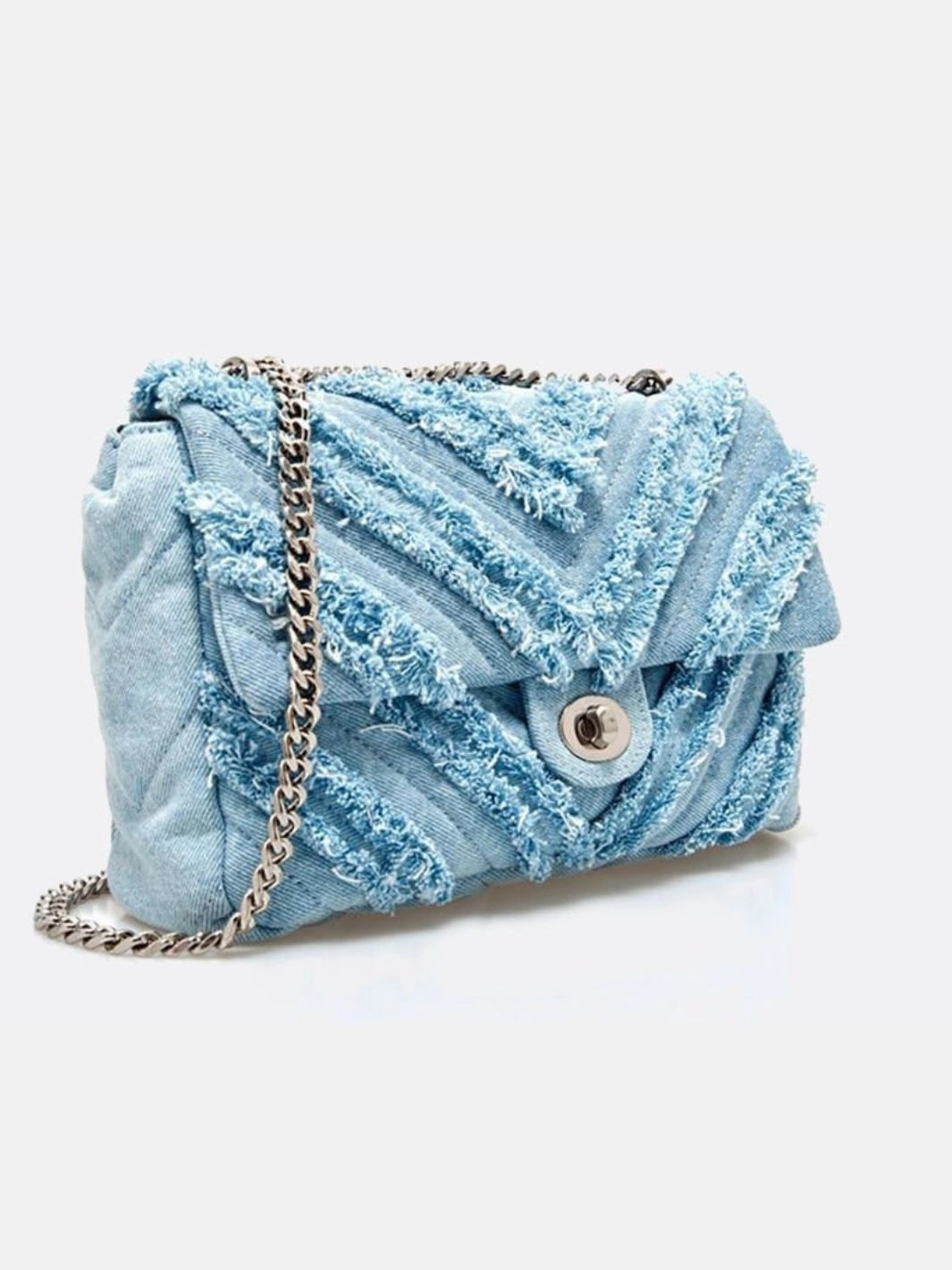 Nova Denim Chevron Crossbody ?C Frayed Jean Shoulder Bag with Chain Strap Durable Function Practical Companion