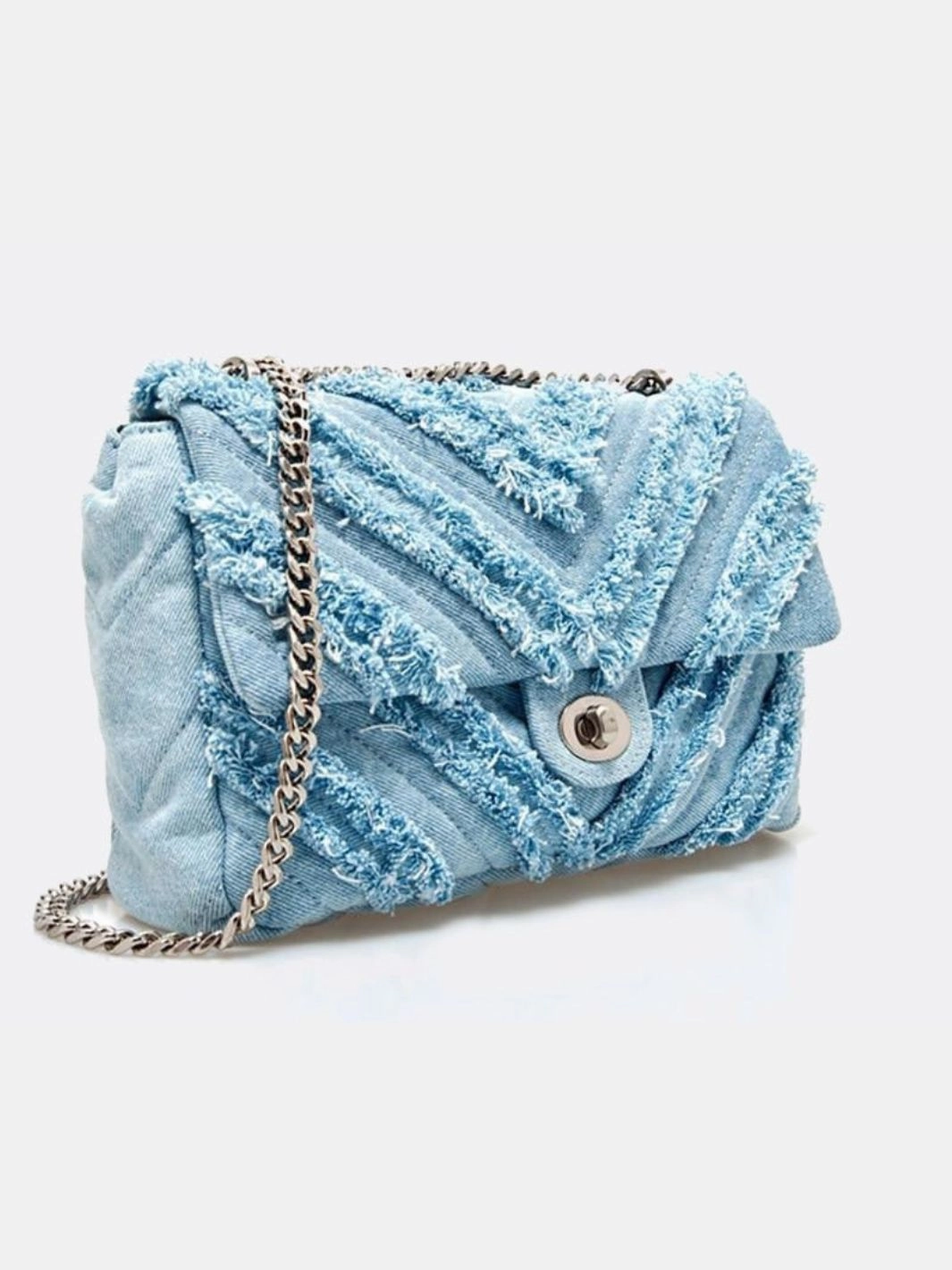Nova Denim Chevron Crossbody ?C Frayed Jean Shoulder Bag with Chain Strap Versatile Movement Classic City Look