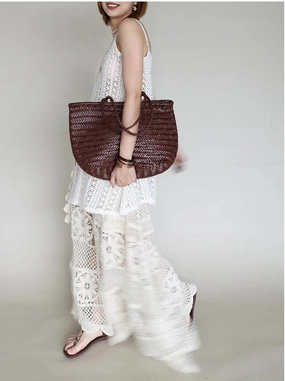 Handcrafted Italian Full Grain Leather Woven Handbag | Bamboo Style Basket Bag Practical Journey