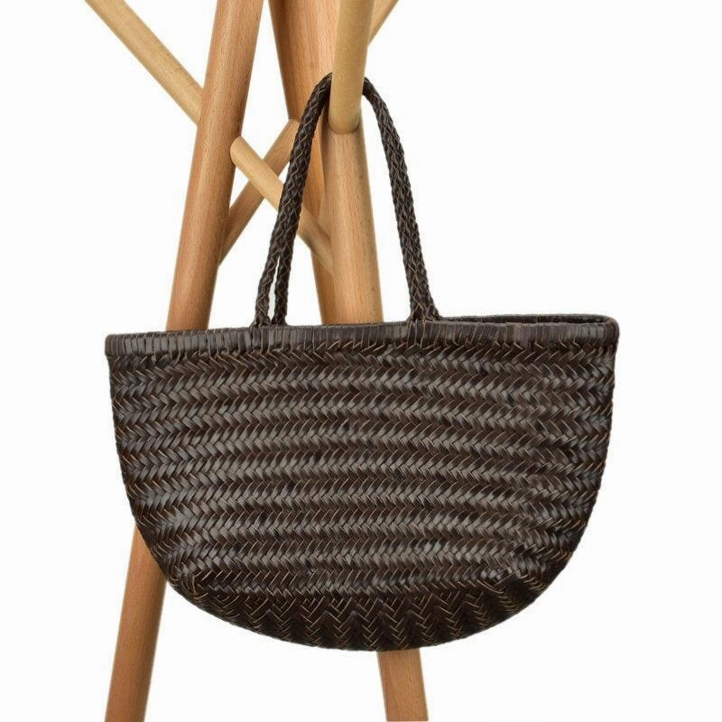 Work Utility Outdoor Simplicity Handcrafted Italian Full Grain Leather Woven Handbag | Bamboo Style Basket Bag
