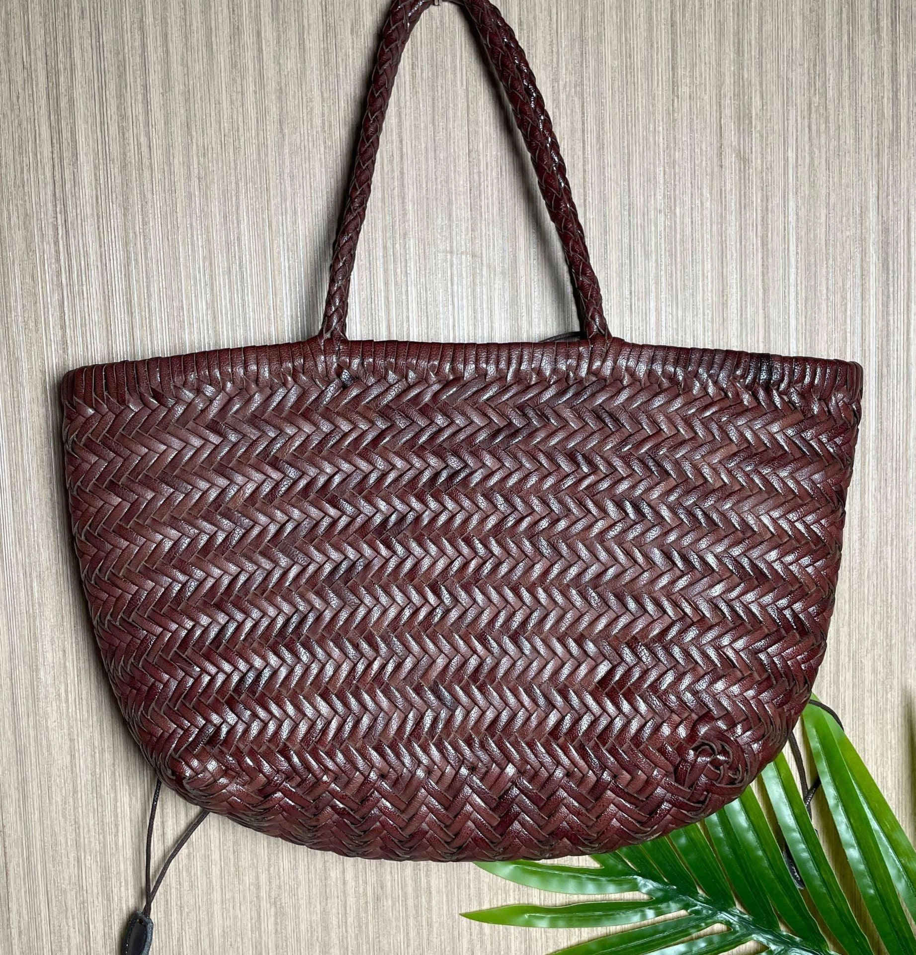 Durable Function Versatile Function Handcrafted Italian Full Grain Leather Woven Handbag | Bamboo Style Basket Bag