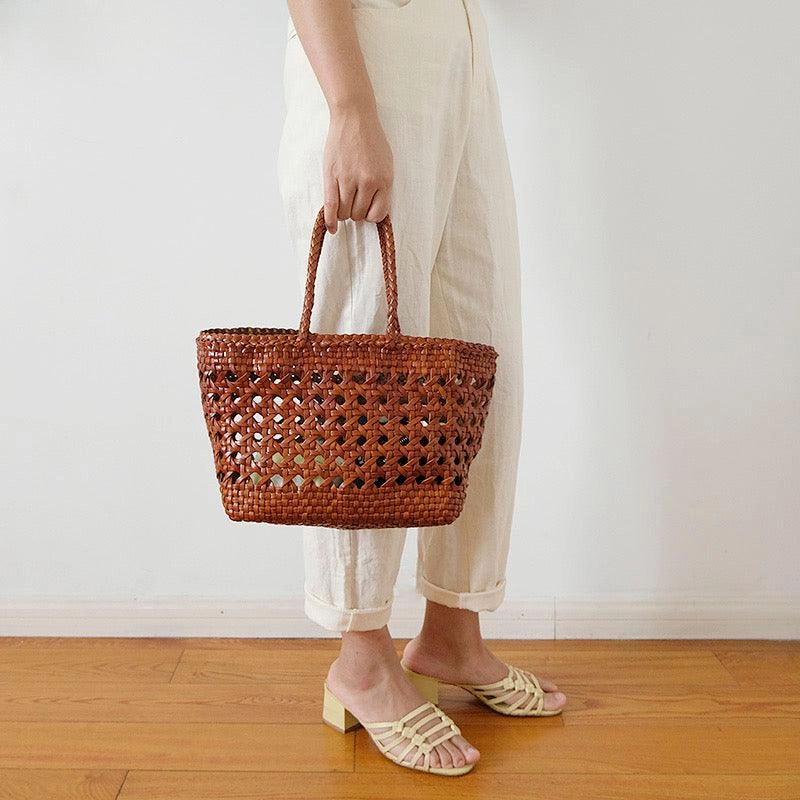 Genuine Leather Hand Woven Cuboid Shaped Ladies Tote Bag | Open Rattan Woven Triple Jump Bamboo Ladies Hobo Holiday Bag, Weekend Basket Bag Stylish Practicality