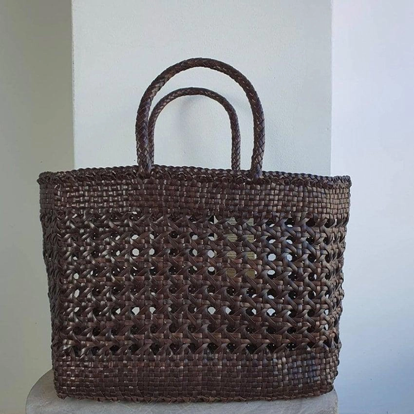 Genuine Leather Hand Woven Cuboid Shaped Ladies Tote Bag | Open Rattan Woven Triple Jump Bamboo Ladies Hobo Holiday Bag, Weekend Basket Bag Durable Organizer Compact Companion