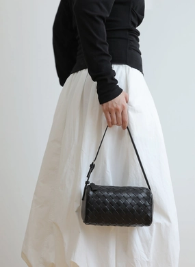 Compact Travel Lambskin Leather Woven Boston Bag, Mini Designer Bag, Leather Box Shoulder Bag, Classic Leather Handbag, Minimalist Genuine Leather Crossbody Purse