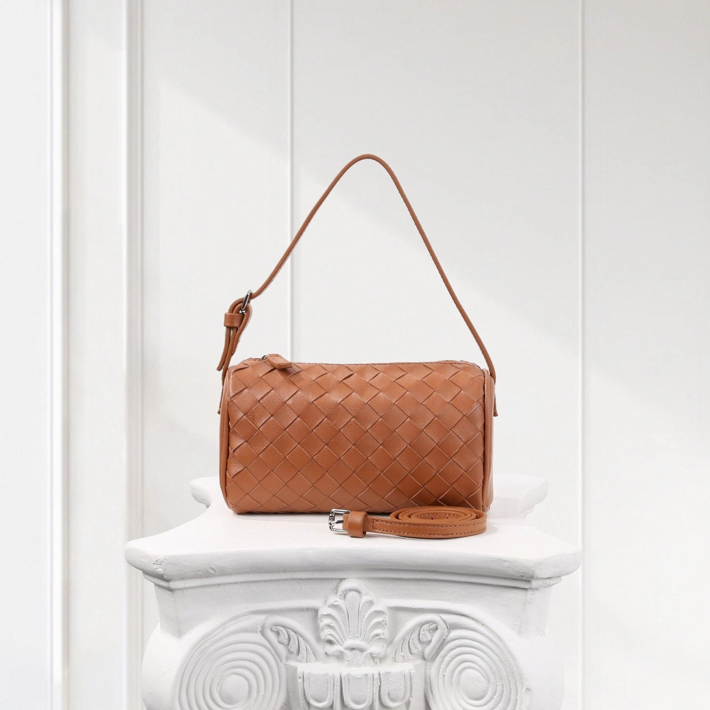 Modern Gear Durable Build Lambskin Leather Woven Boston Bag, Mini Designer Bag, Leather Box Shoulder Bag, Classic Leather Handbag, Minimalist Genuine Leather Crossbody Purse