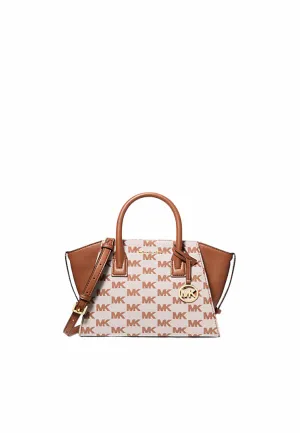 Michael Kors Avril Small Signature Logo Jacquard Satchel Bag In Luggage 35S5G4VS1J Compact Travel Essential Chic design complements both casual and more formal looks