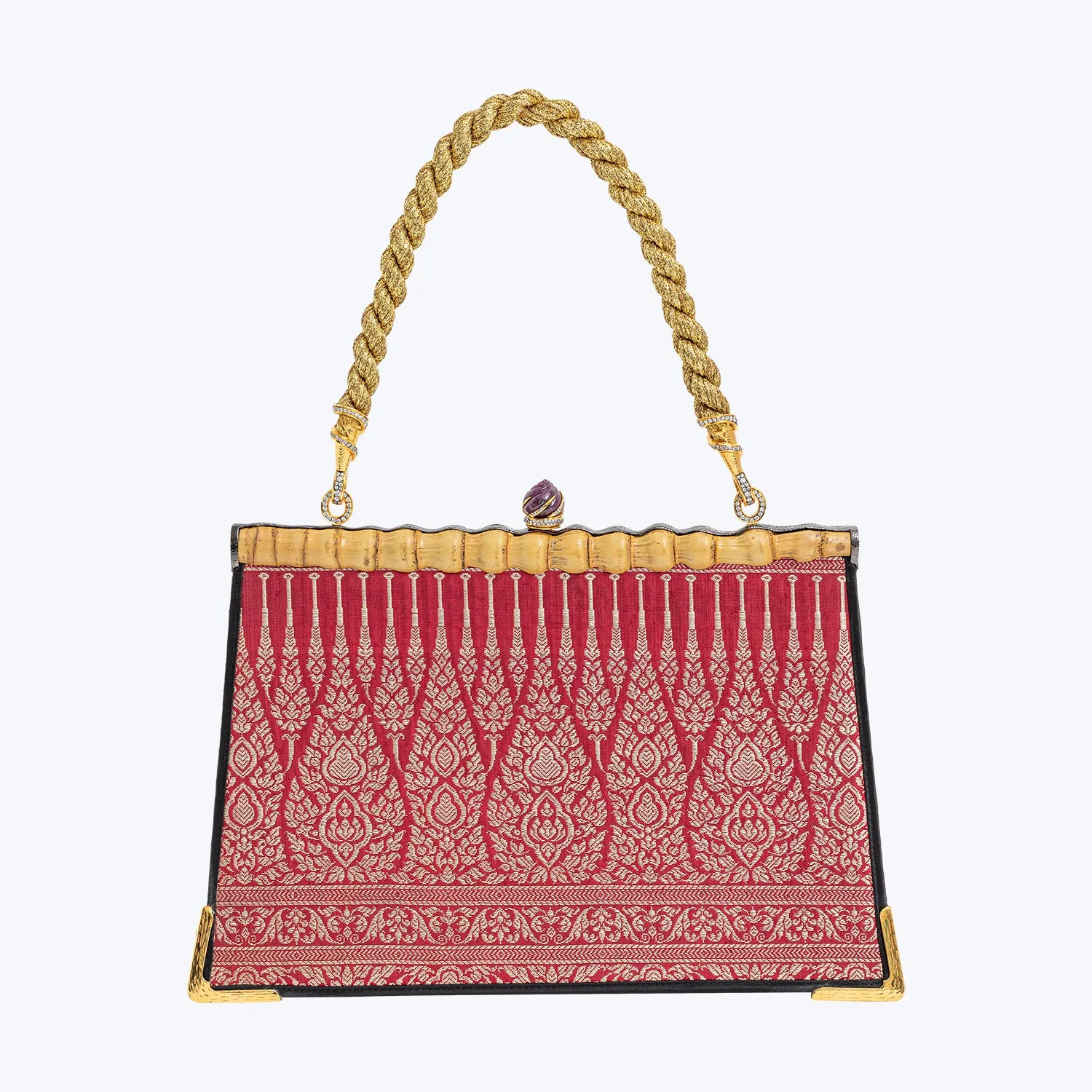 Everyday Outfit Woven Jewelled Silapacheep Handbag with Gold Silk Cord and Diamonds