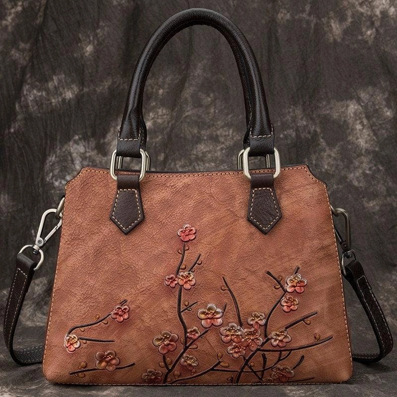 Quality craftsmanship Fashion Travel Floral Embroidery Cowhide Leather Shoulder Bag, Handcrafted Leather Crossbody Bag, Fashion Hand-carved Flowers Leather Bag