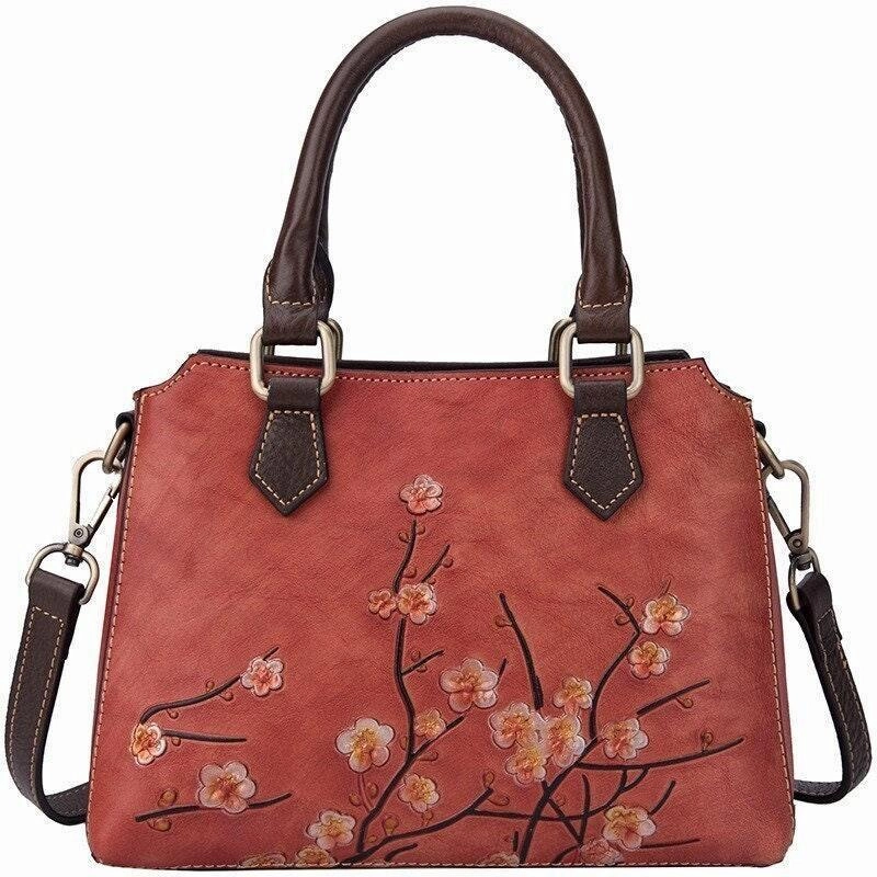 Lightweight Feel Fashion Travel Floral Embroidery Cowhide Leather Shoulder Bag, Handcrafted Leather Crossbody Bag, Fashion Hand-carved Flowers Leather Bag