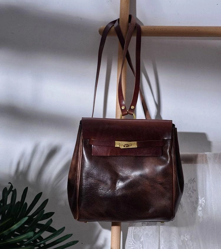 Practical Design Travel Necessity Handcrafted Brown Shoulder 3 in 1, Convertible Backpack, Full Grain Leather Shoulder Bag, Crossbody With Long Strap, Women Backpack Bag