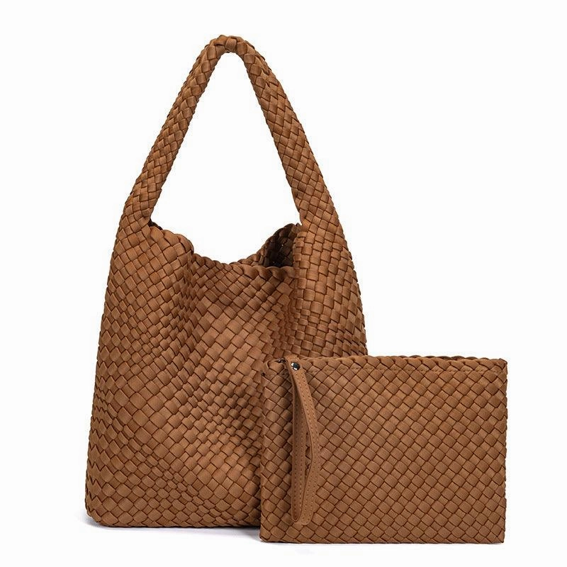 Classic Appeal Large Handwoven Waterproof Neoprene Tote Bag, Shoulder Bag with Matching Pouch