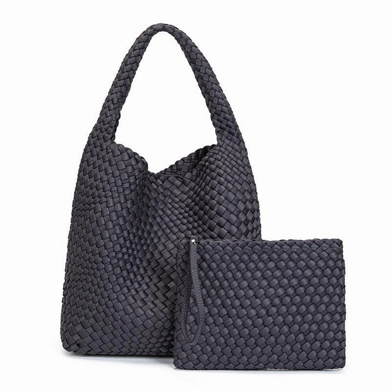 Large Handwoven Waterproof Neoprene Tote Bag, Shoulder Bag with Matching Pouch Daily Storage Minimalist Look