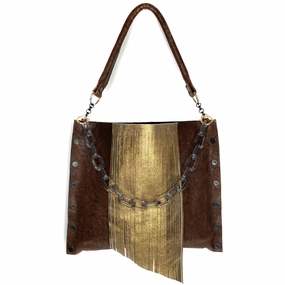 Flexible Design Brown Crinkle Tote Bag with Fringe