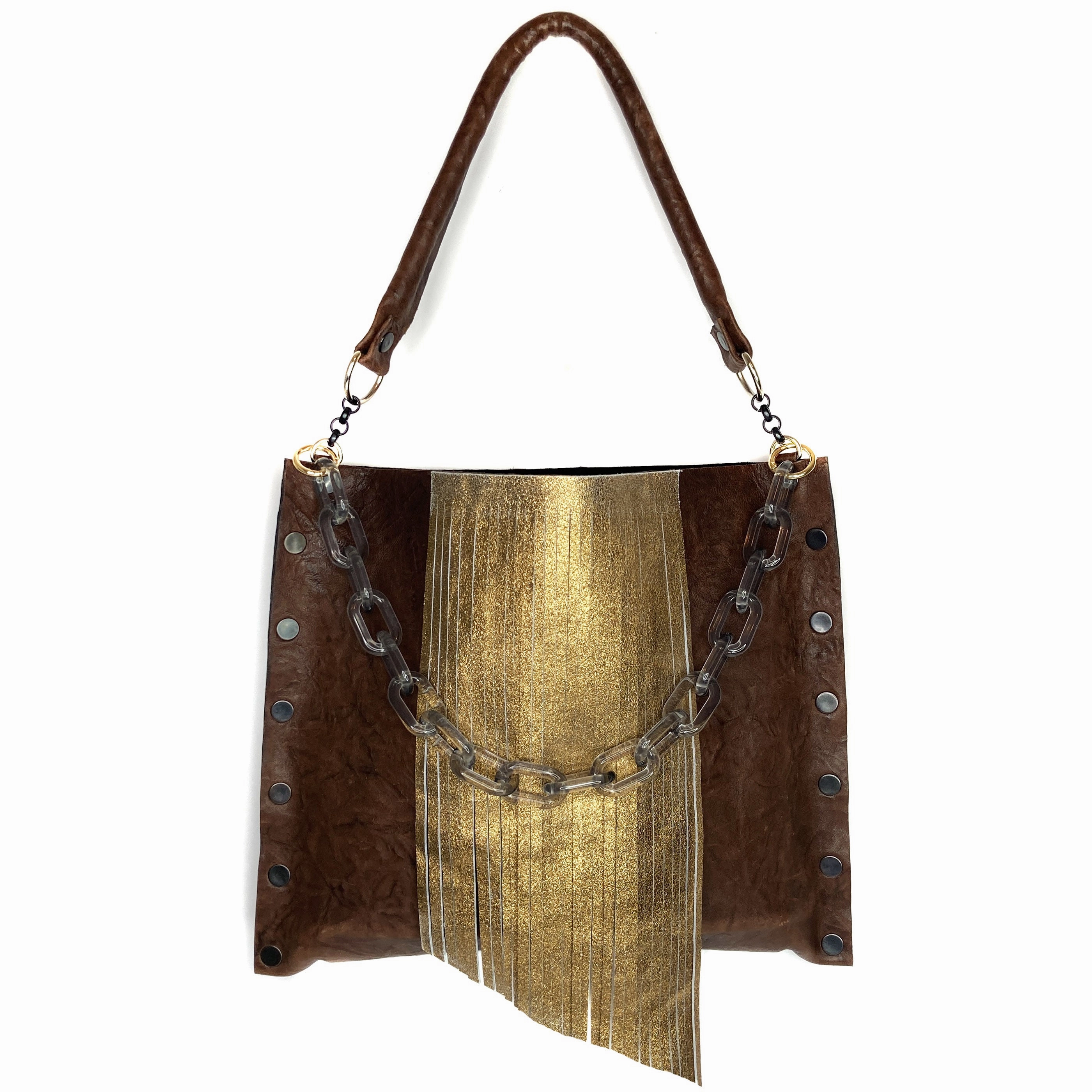 Flexible Design Brown Crinkle Tote Bag with Fringe