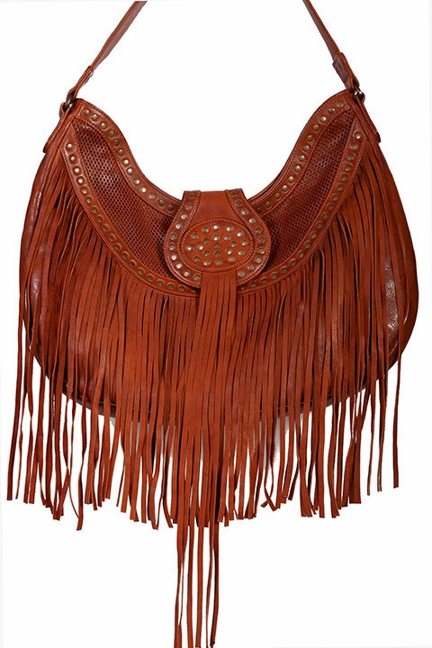 Western Shoulder Bag with Fringe and Studs Hobo Style Functional Simplicity