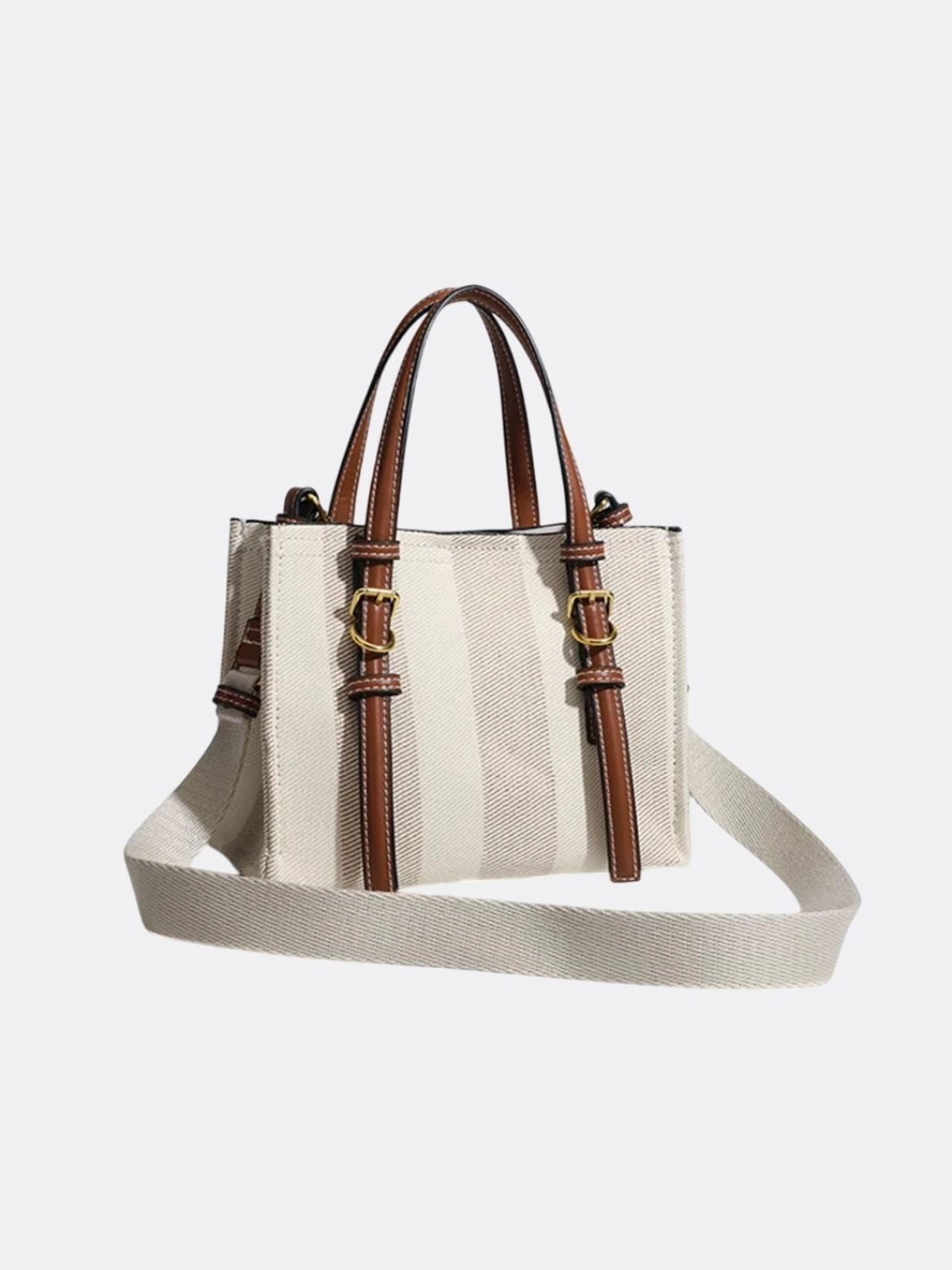 Canvas Tote Handbag with Leather Straps and Shoulder Belt Timeless Appeal
