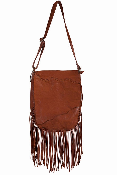 Western Shoulder Bag with Fringe and Pick Stitch Vintage Style Leather texture