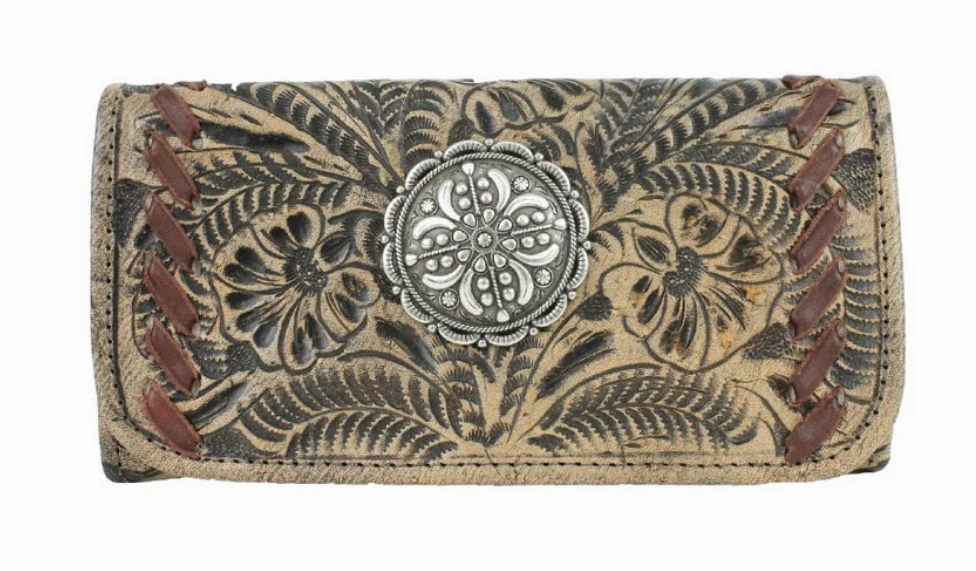 American West Handbag Lariats & Lace Collection: Leather Tri-Fold Western Wallet Daily Journey Elegant Simplicity