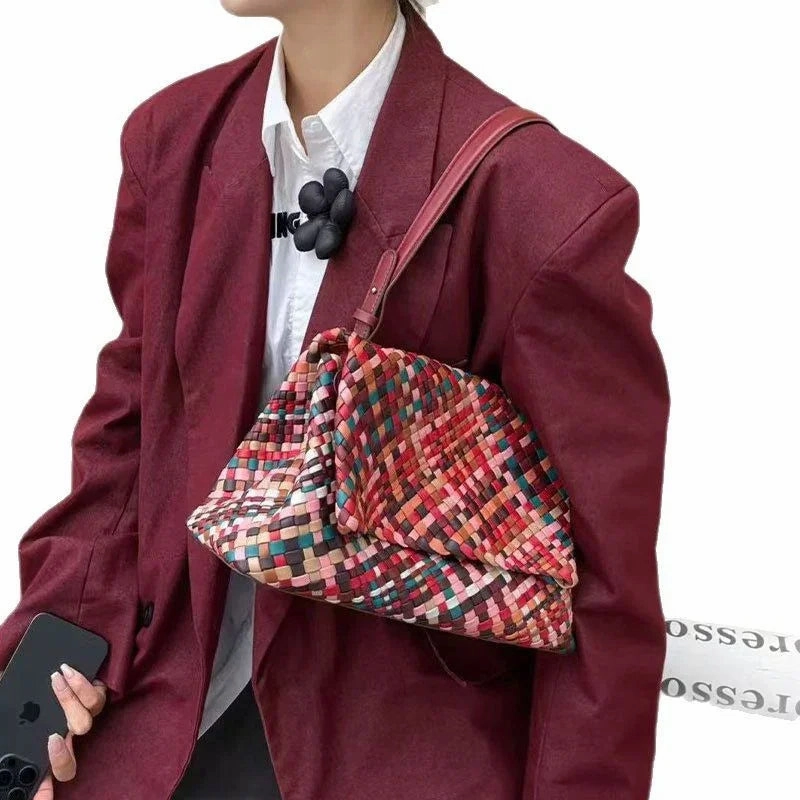 Multiple Colour Lambskin Hobo Bag, Large Handcrafted Woven Leather Shoulder Bag Functional Companion