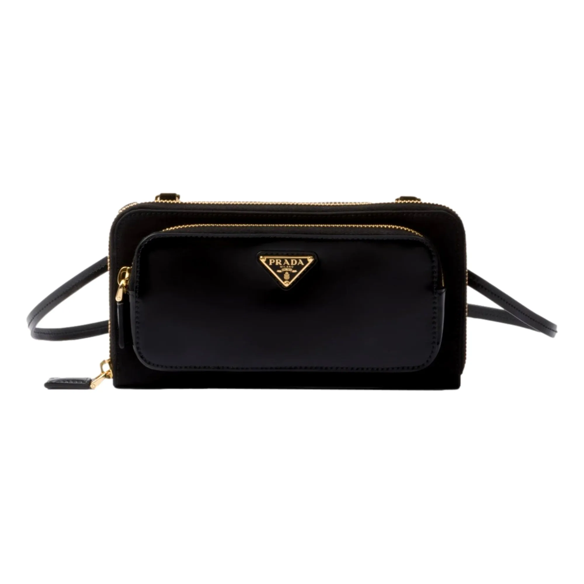 Weekend Mood Fashion Texture Prada Re-Nylon Triangle Brushed Leather Black Wallet Mini Crossbody Bag
