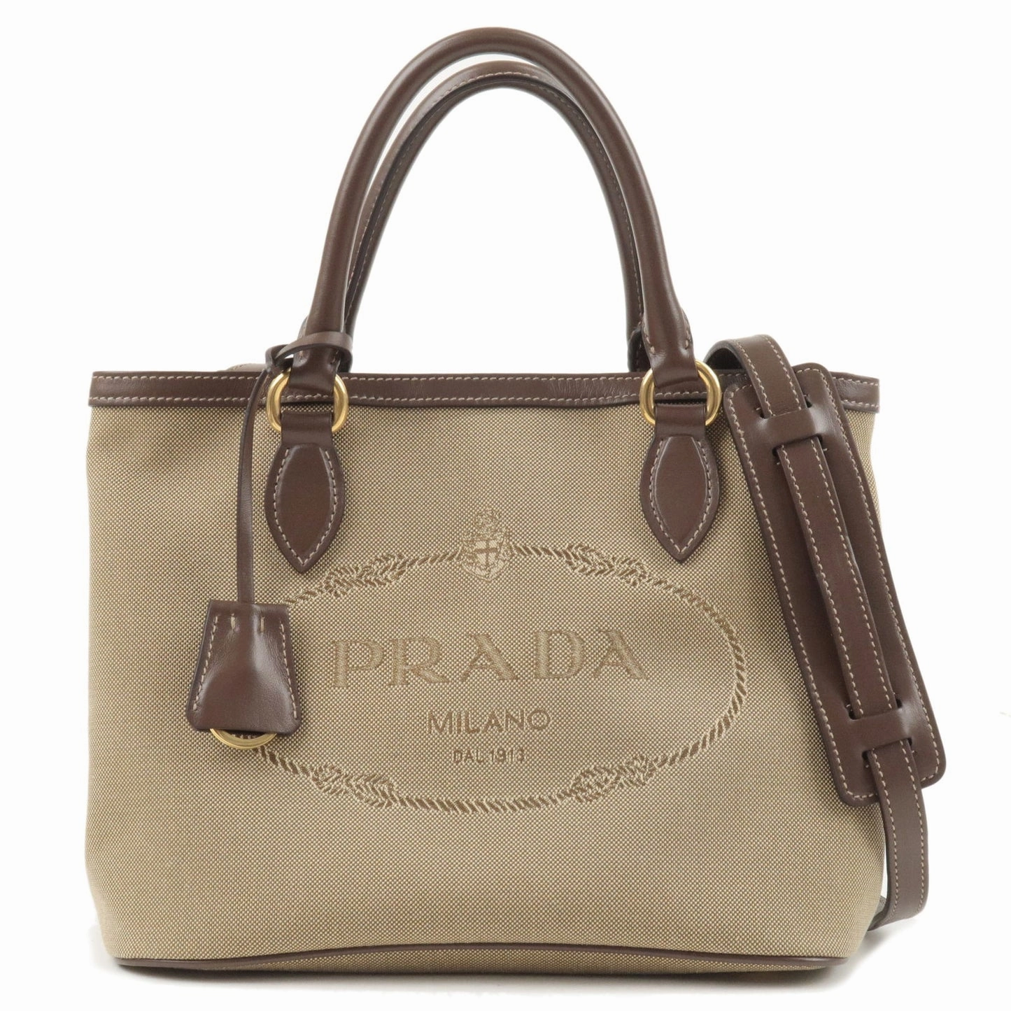 Daily Fashionable Prada Logo Jacquard Beige Canvas Leather Trim Crossbody Satchel Bag