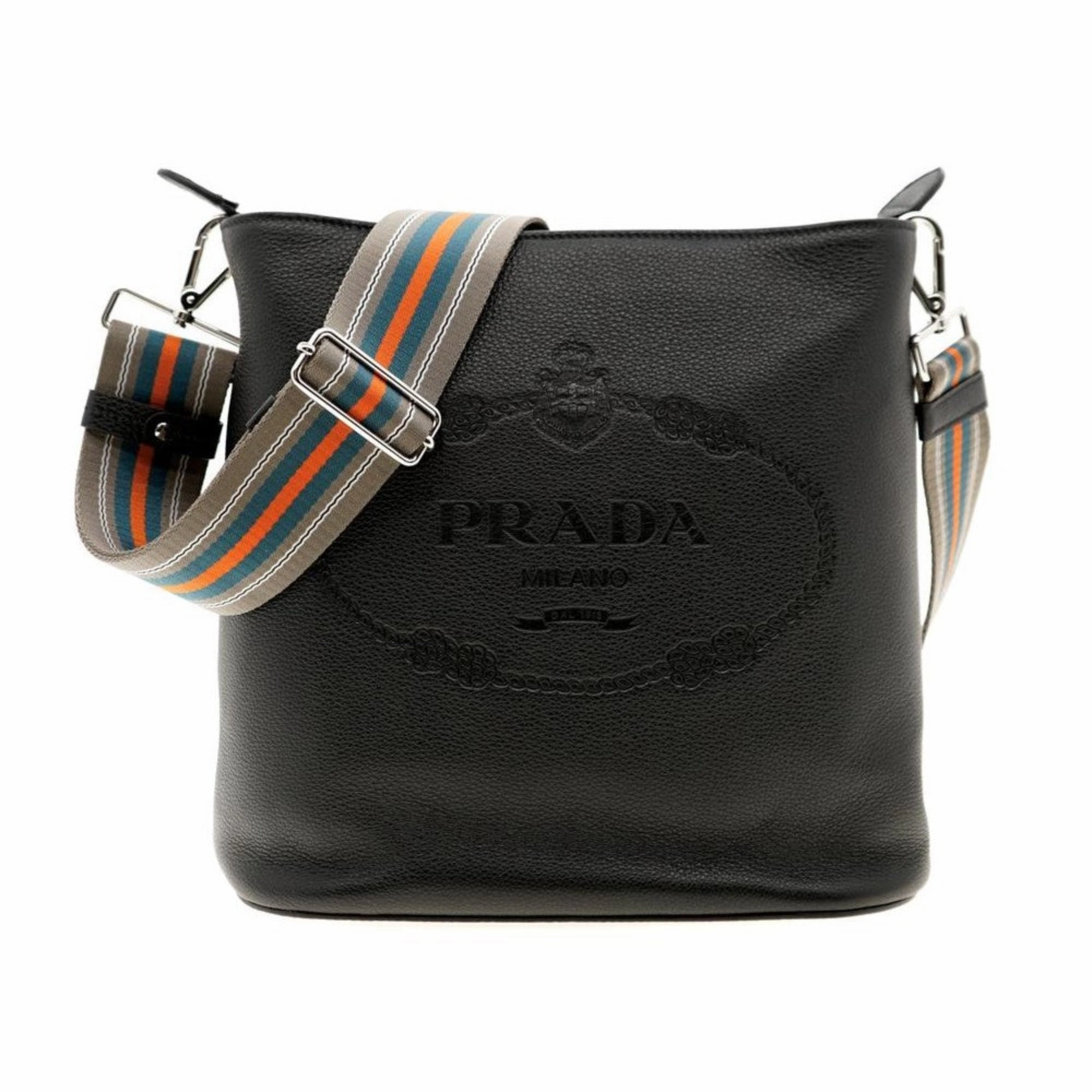 Prada Vitello Phenix Black Leather Web Strap Crossbody Bucket Bag Outdoor Ready