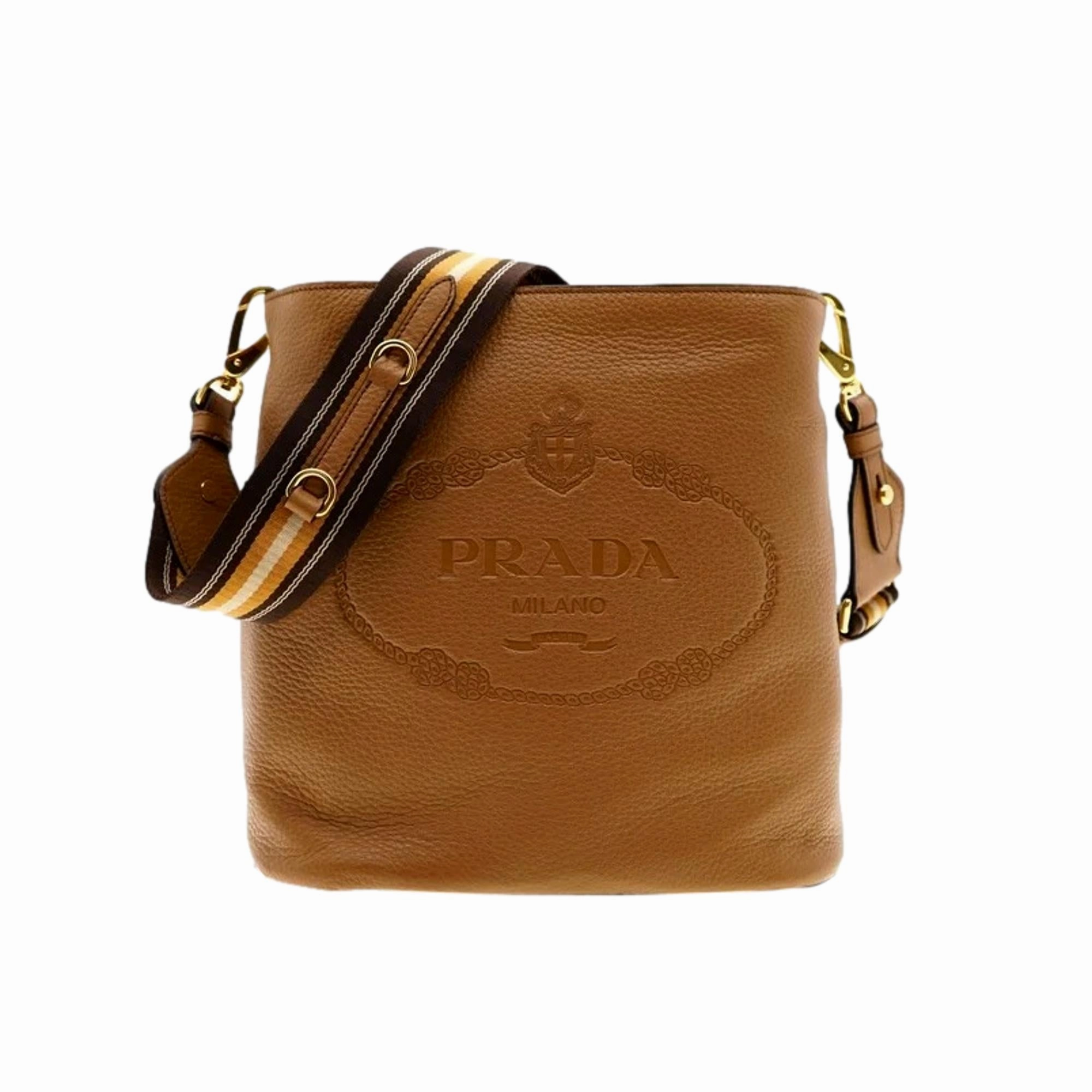 Prada Vitello Phenix Bucket Crossbody Bag Caramel Brown Web Strap Compact Utility