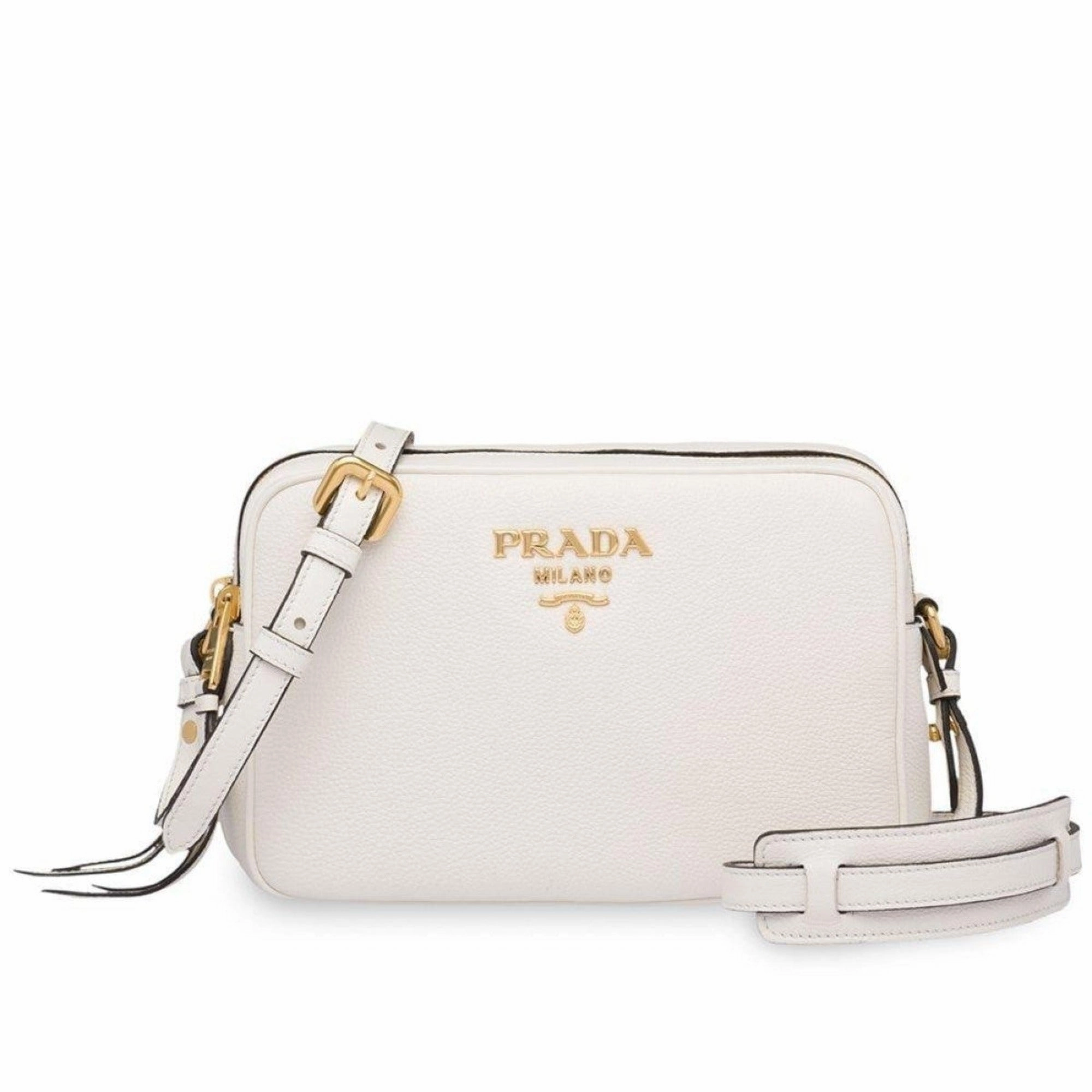 Prada Vitello Phenix White Leather Double Zip Camera Crossbody Compact Versatility