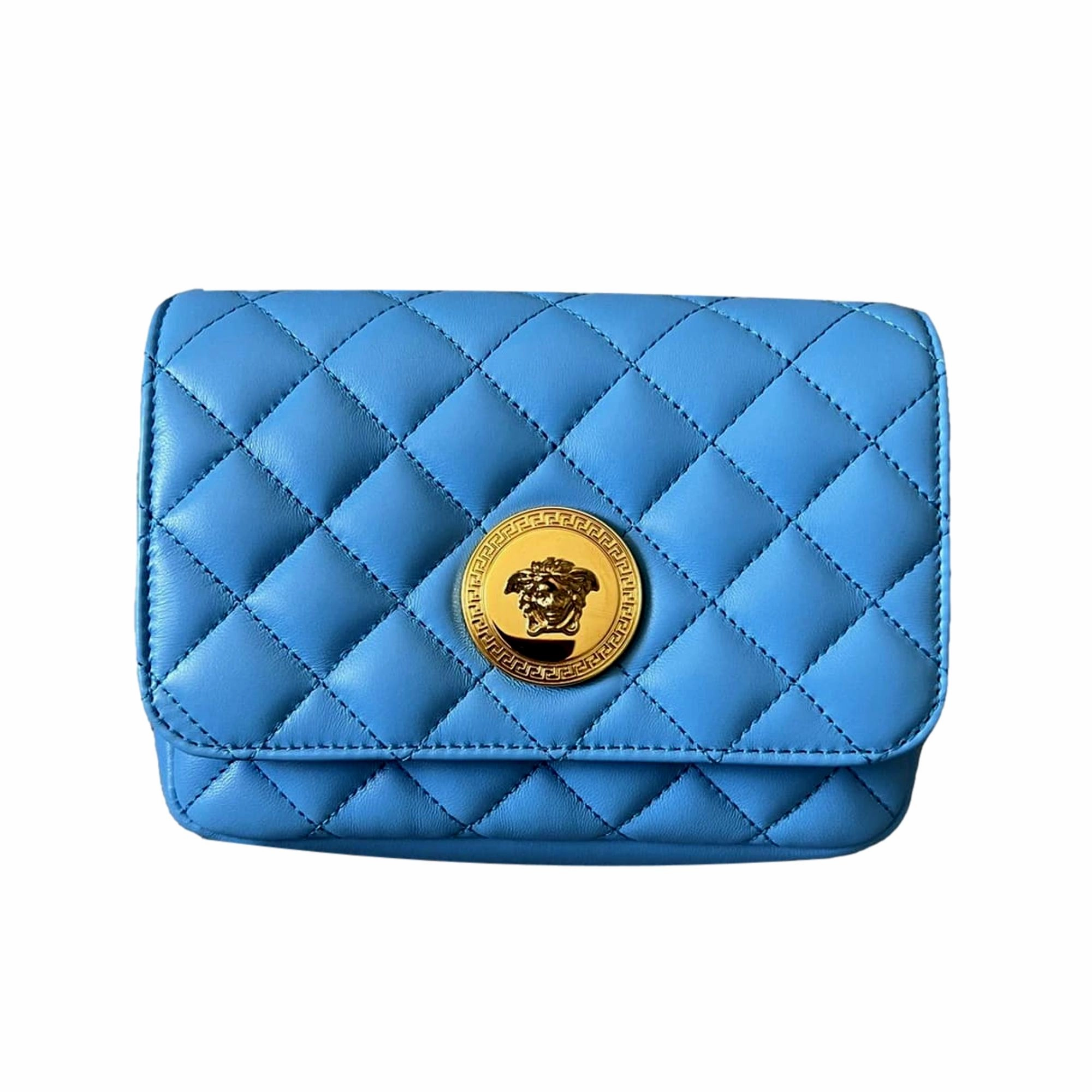 Versace Medusa Nappa Quilted Blue Leather Chain Crossbody Daily Storage Smart Utility