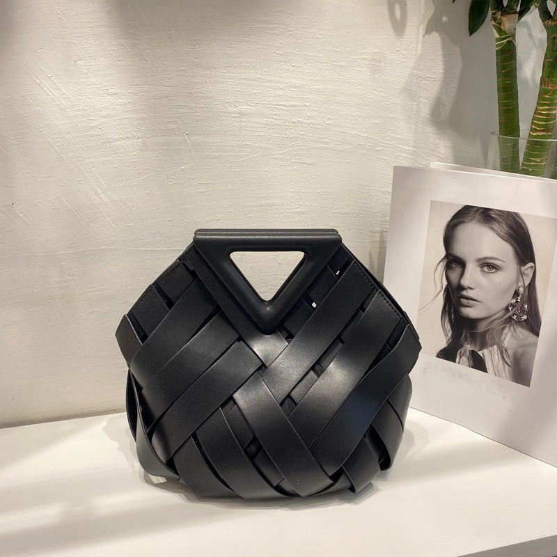Modern Design Unique Woven Leather Crossbody Bag ?C Distinctive Triangle Handle & Bucket Style