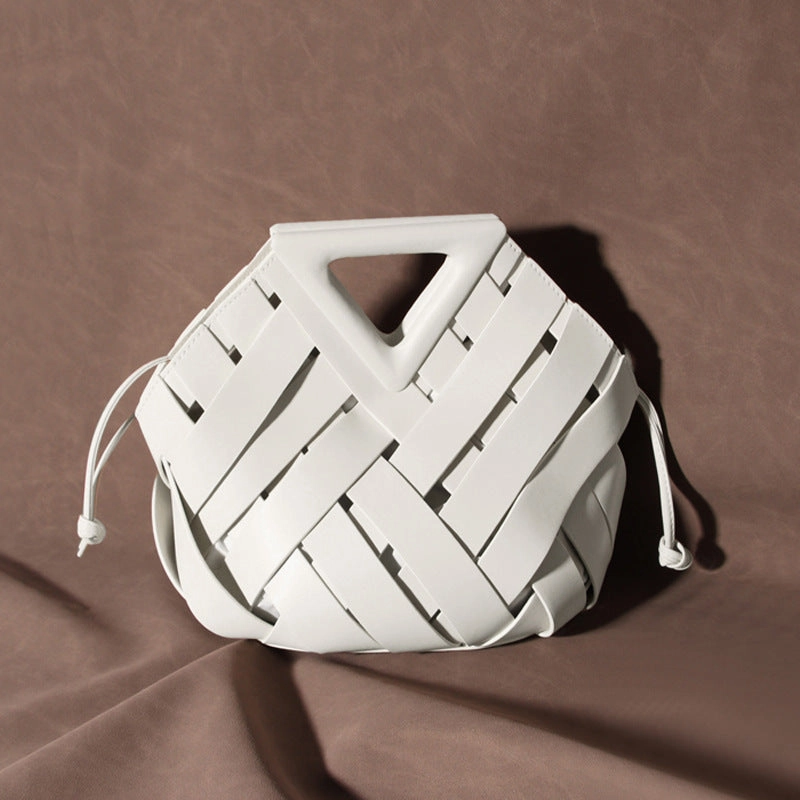 Unique Woven Leather Crossbody Bag ?C Distinctive Triangle Handle & Bucket Style Day To Night Style Elegant Minimal Look