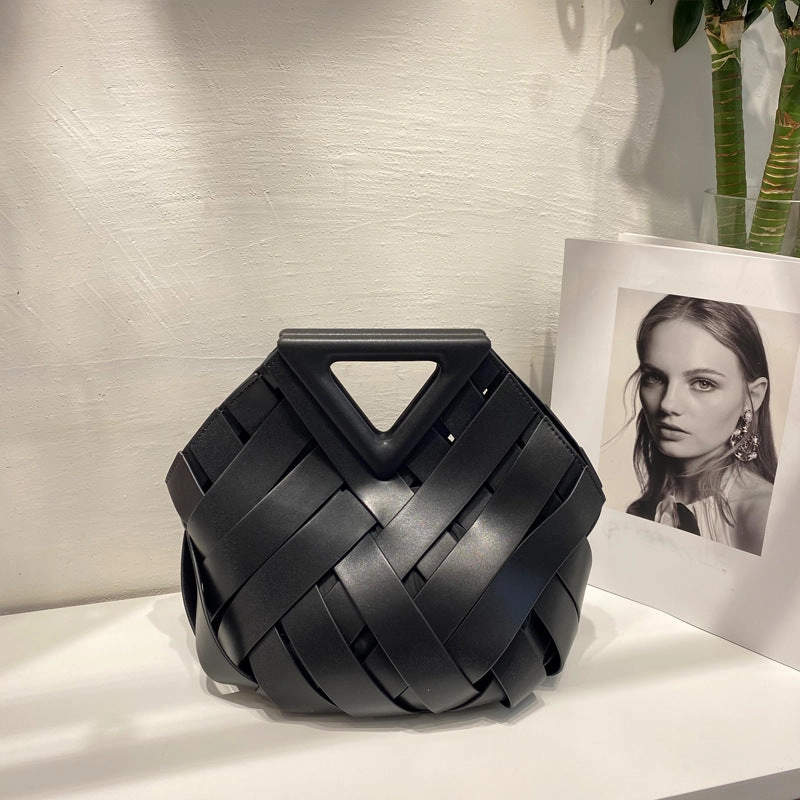 Unique Woven Leather Crossbody Bag ?C Distinctive Triangle Handle & Bucket Style Water Resistant