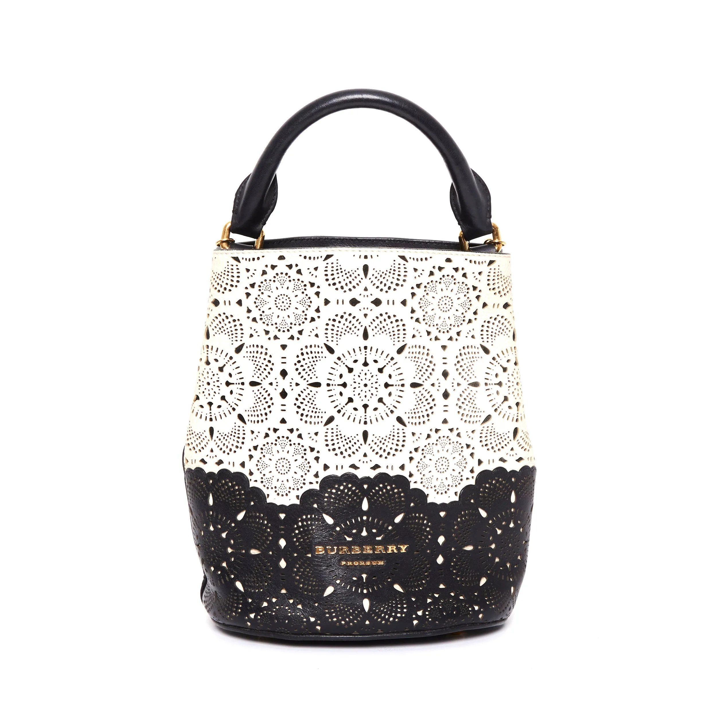 BURBERRY Prorsom Calfskin Laser Cut Lace Orchard Bucket Bag Black White Minimal Edge
